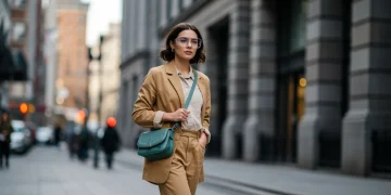 Woman in sustainable chic outfit on urban street, embodying 2025 fashion