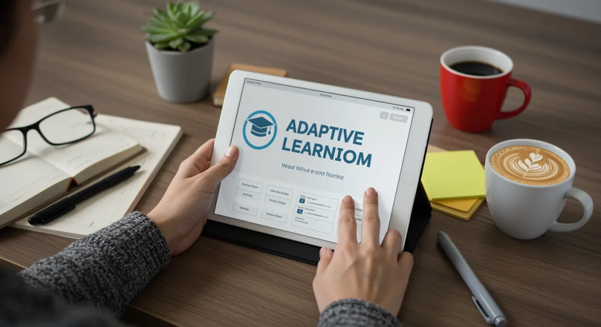 Individual engaged with an adaptive learning platform on a tablet