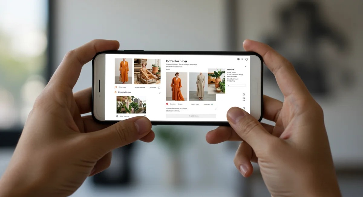 Hands holding a smartphone showing digital fashion and sustainable brands on social media