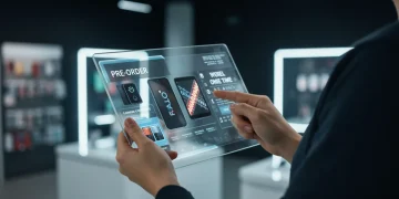 Futuristic tablet displaying electronic gadgets for pre-order, emphasizing safe investment decisions.
