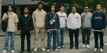 Diverse Gen Z individuals displaying current US fashion micro-trends on a city street