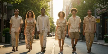Diverse individuals wearing stylish sustainable fashion on a city street.