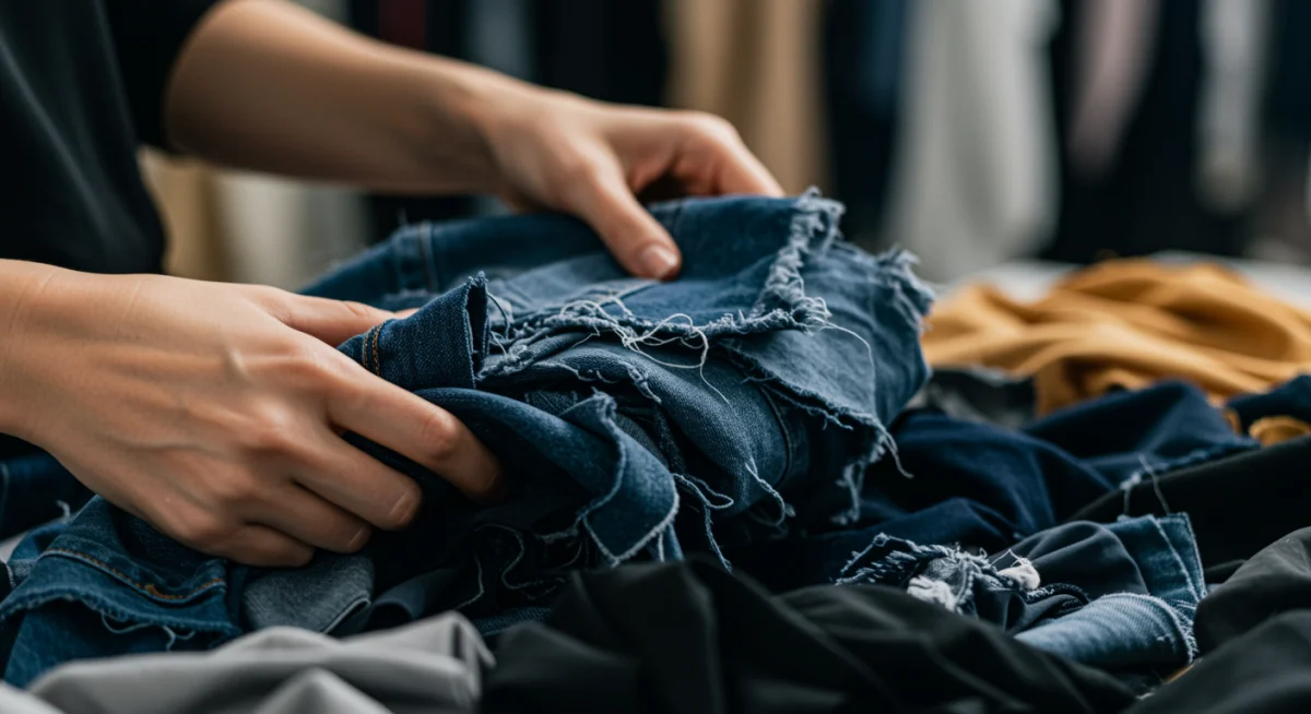 Hands sorting textile scraps for upcycling in a sustainable fashion workshop.