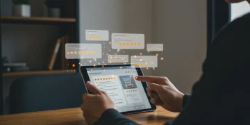 Woman analyzing customer reviews on tablet for informed purchase decisions