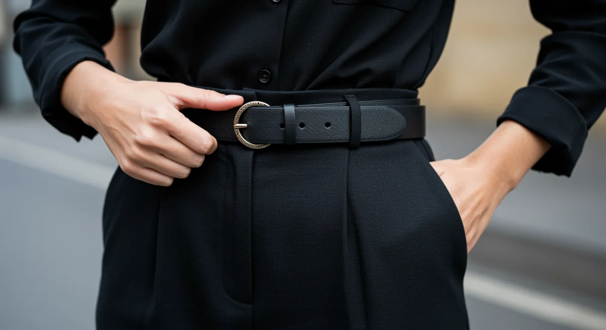 Person defining waistline with a stylish belt for better proportions