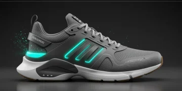 Futuristic ergonomic shoe design showcasing sustainable materials and integrated technology for 2025 fashion trends.