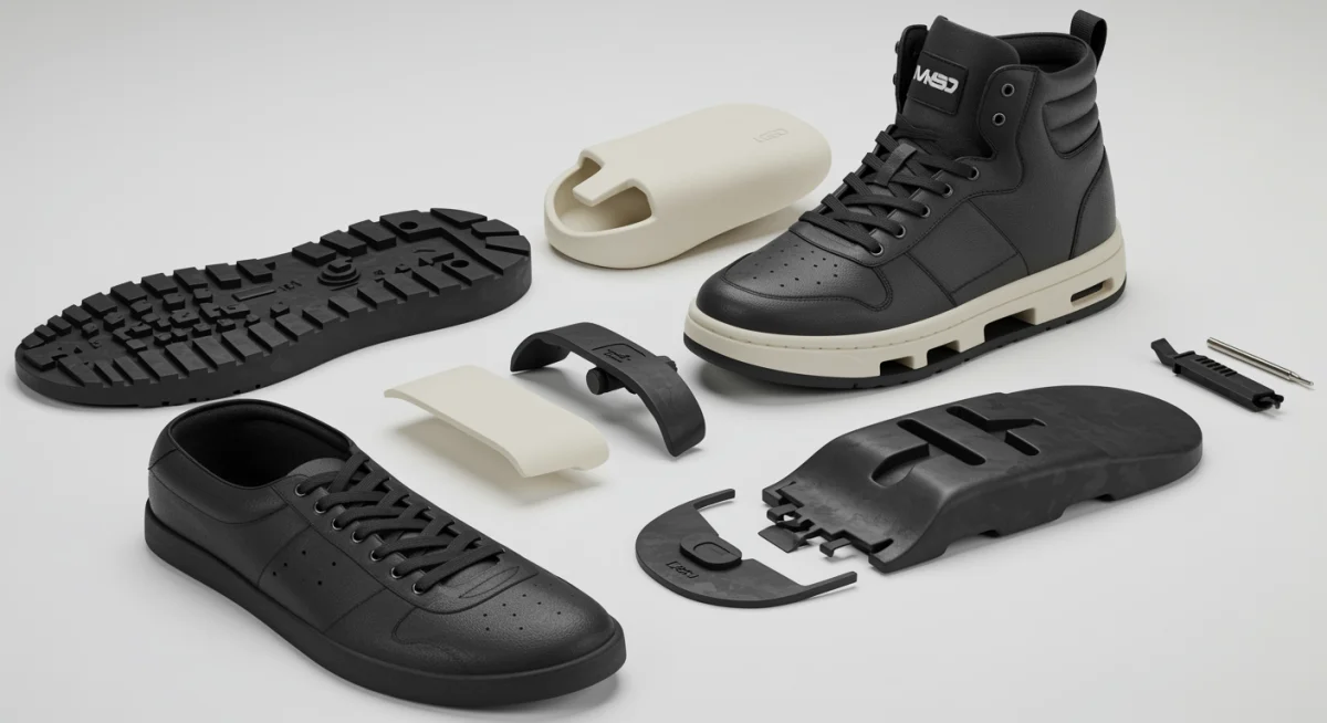 Modular shoe components laid out for customization, highlighting sustainable and innovative design.