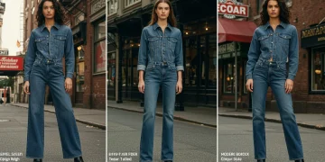 Models showcasing 2025 denim trends: wide-leg, straight-leg, and modernized bootcut jeans in various washes.
