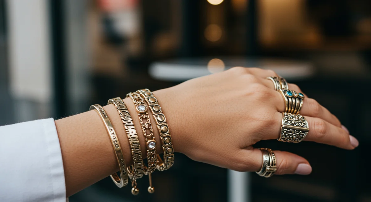 Hands adorned with chunky rings and stacked bracelets, symbolizing bold accessorizing
