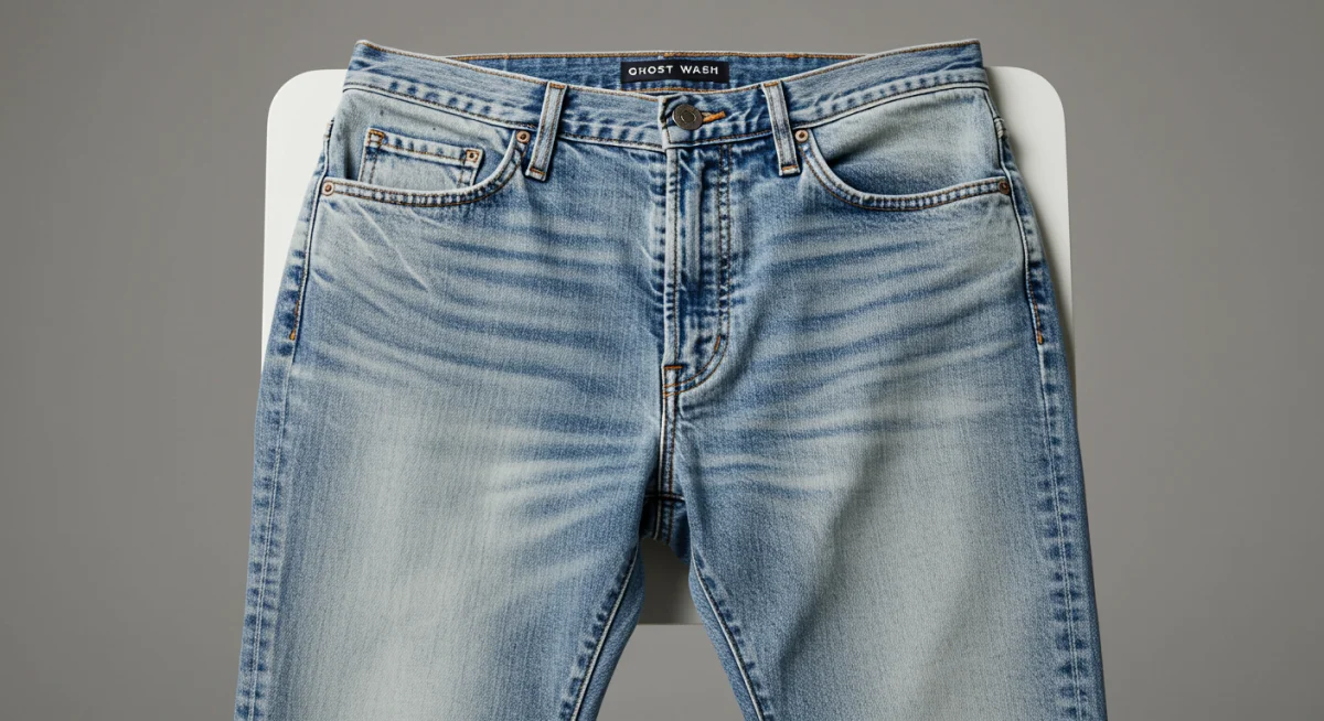 Close-up of 'Ghost Wash' denim, showcasing its subtle fading and unique texture.