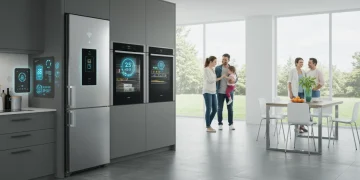Modern kitchen with smart, energy-efficient appliances, digital interfaces glowing