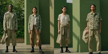 Diverse individuals modeling stylish eco-friendly fashion in a modern urban environment.