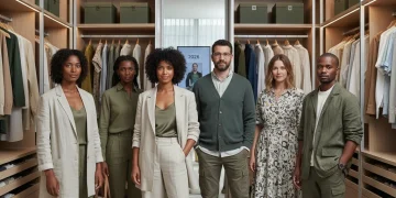 Professionally styled individuals showcasing improved wardrobe efficiency in a modern setting.