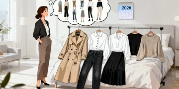 Woman creating outfits from a 10-item capsule wardrobe in 2026
