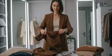 Woman confidently assembling a chic last-minute outfit for a 2026 event in the US