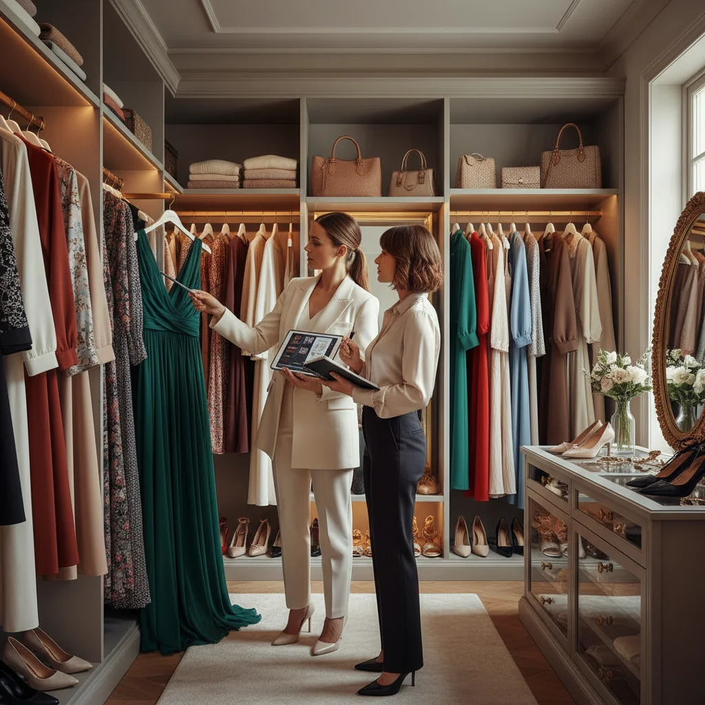 Personal stylist consulting with client in an organized closet.