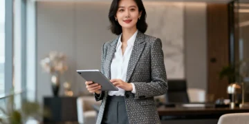 Professional woman in a modern blazer and tailored trousers in an office setting