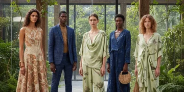 Models wearing eco-friendly apparel, embodying 2026 sustainable fashion trends with innovative materials.