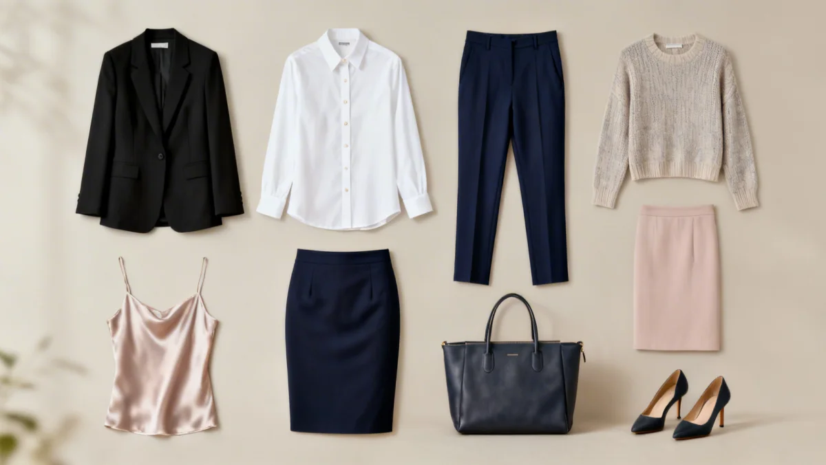 Flat lay of 8 versatile work wardrobe pieces for 2026