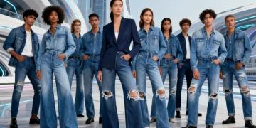 Models displaying diverse 2026 denim styles in an urban setting.