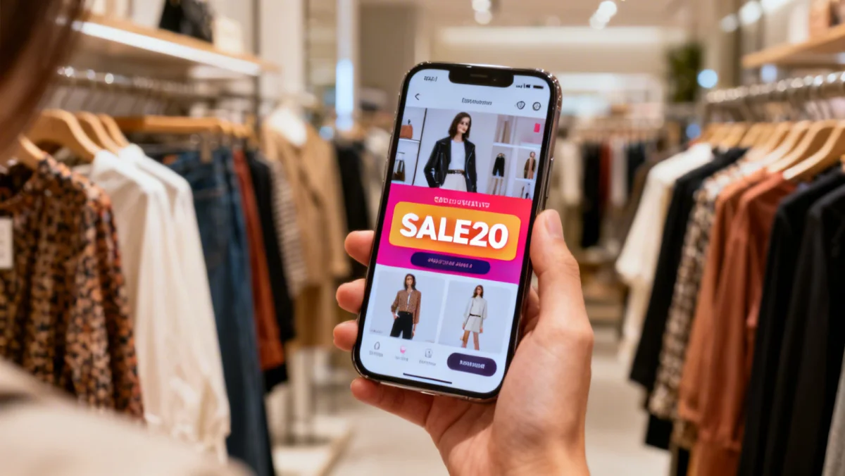 Smartphone displaying a fashion shopping app with discount code
