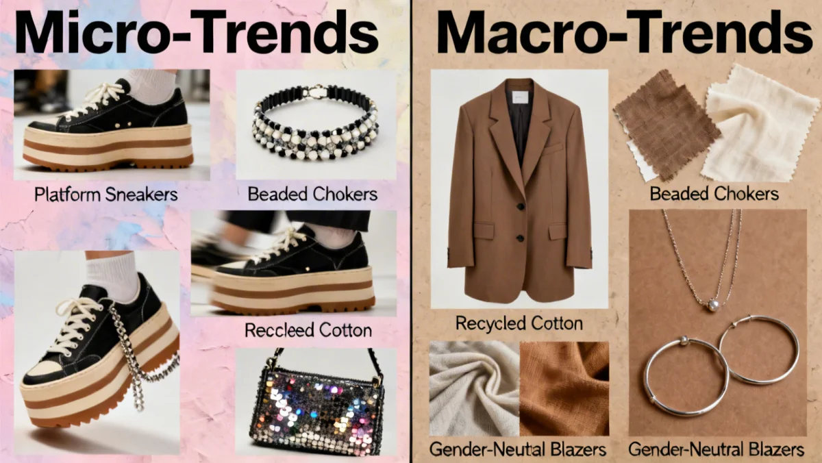 Fashion trend analysis board showing the dynamic interplay between micro-trends and macro-trends.