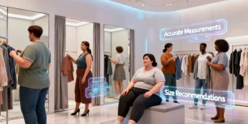 Diverse shoppers using futuristic 2026 sizing charts to find perfect fit online.