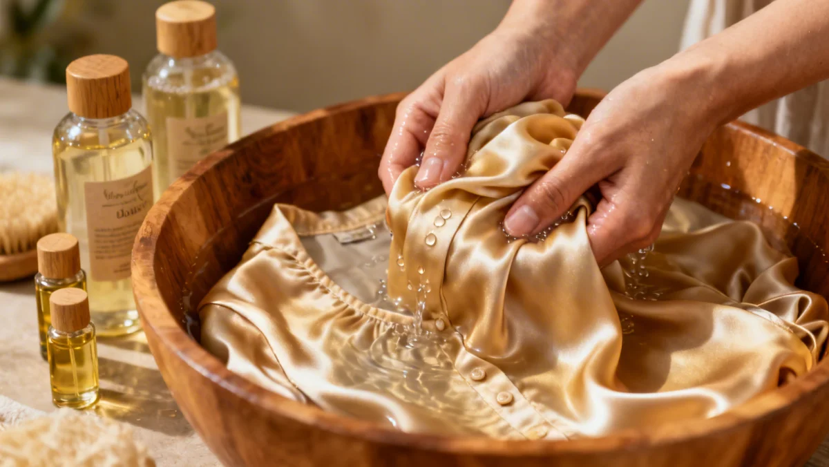 Hands gently hand-washing delicate silk, representing meticulous fabric care and preservation techniques.