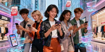 People using shopping apps on smartphones for fashion deals in a futuristic US city