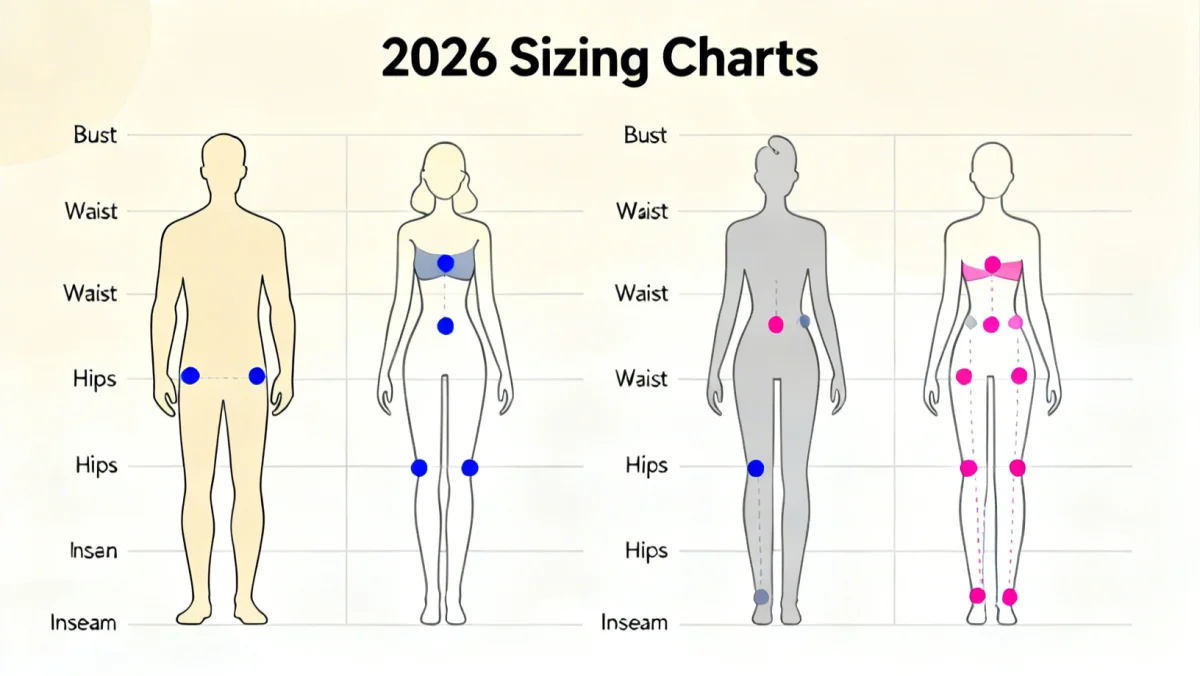 Infographic showing standardized body measurement points for 2026 sizing charts.