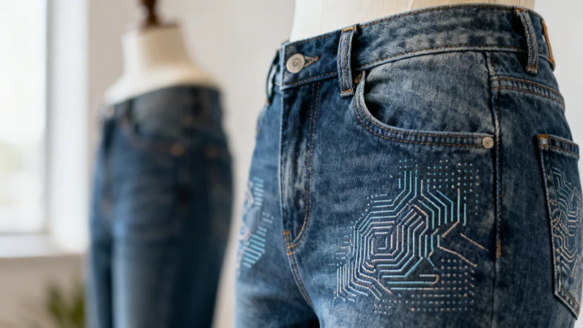 Close-up of bio-engineered denim jeans with digital embroidery, showcasing sustainable innovation.