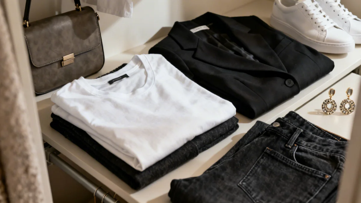Organized wardrobe with essential stylish garments and versatile accessories