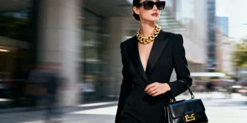 Stylish woman showcasing 2026 statement accessories, including a bold necklace and oversized sunglasses, against an urban backdrop.