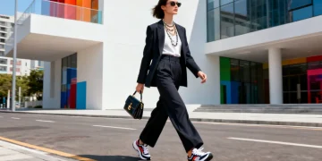 Woman with distinct personal style walking confidently in a modern city setting.