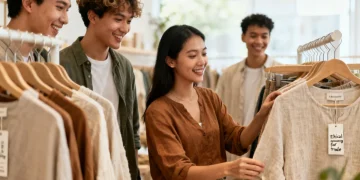 Shoppers examining ethically sourced clothing in a modern, sustainable boutique in 2026.