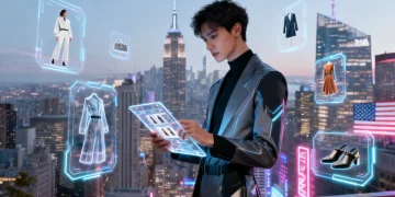 Futuristic fashion enthusiast using a transparent tablet to discover new US fashion brands in 2026.