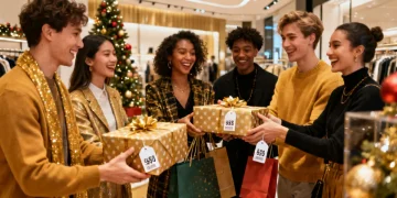 People exchanging fashion gifts during holiday shopping 2026, showing diverse styles and budgets
