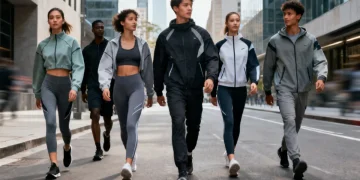 Stylish young adults wearing modern sportswear as everyday fashion on a city street in 2026, demonstrating athleisure trends.