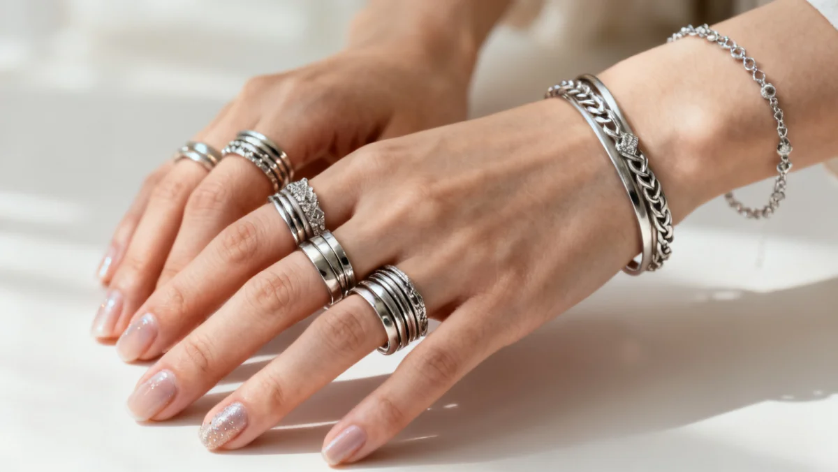 Close-up of hands wearing stackable rings and delicate bracelets, highlighting 2026 jewelry trends.