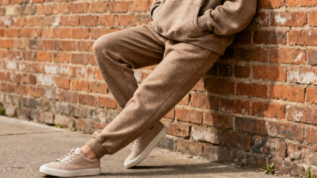 Oversized hoodie and tailored joggers made from sustainable materials, demonstrating eco-friendly athleisure.