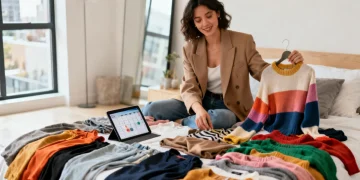 Woman efficiently planning her weekly outfits for 2026