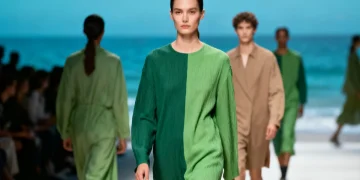 Models on a runway displaying 2026 fashion in oceanic blue, verdant green, and earthy neutral palettes.
