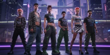 Youthful models showcasing 90s grunge and Y2K fashion elements, blended for 2026 trends, against a modern city scene.