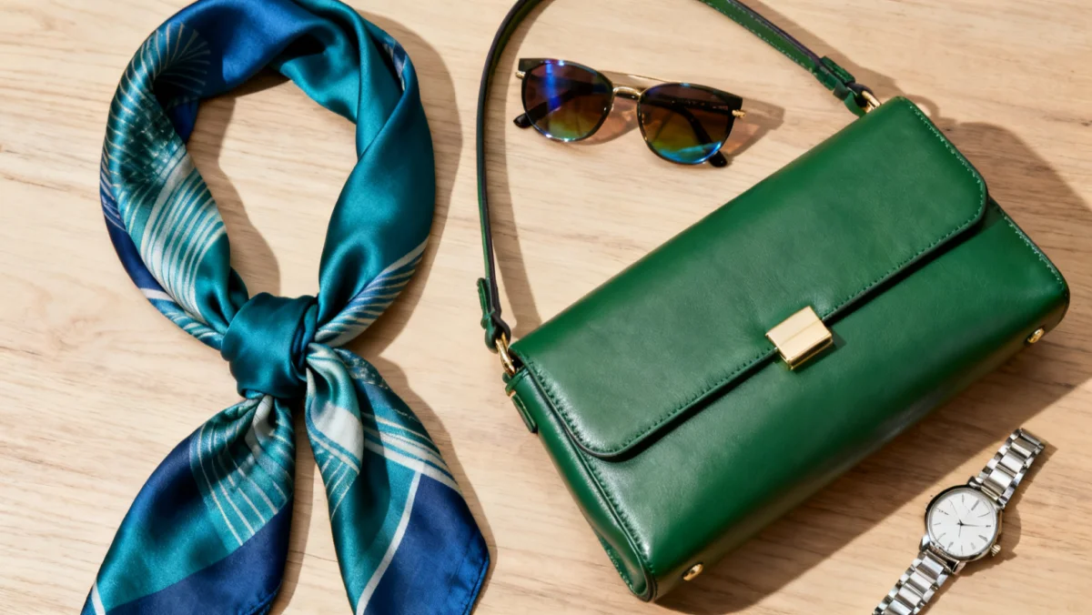 Fashion accessories and fabric swatches in oceanic blue, verdant green, and earthy neutral tones.