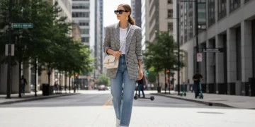 Woman adapting high fashion blazer to everyday wear in urban US setting