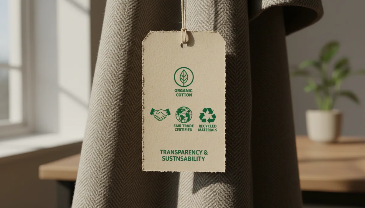 Sustainable fashion garment tag with organic and fair trade certifications