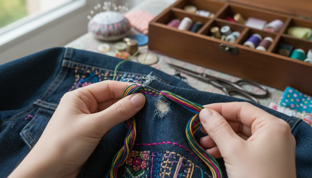 Hands visibly mending a tear in a denim jacket with colorful thread, showcasing a DIY repair.