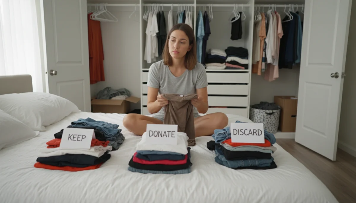 Person decluttering clothes for a wardrobe refresh