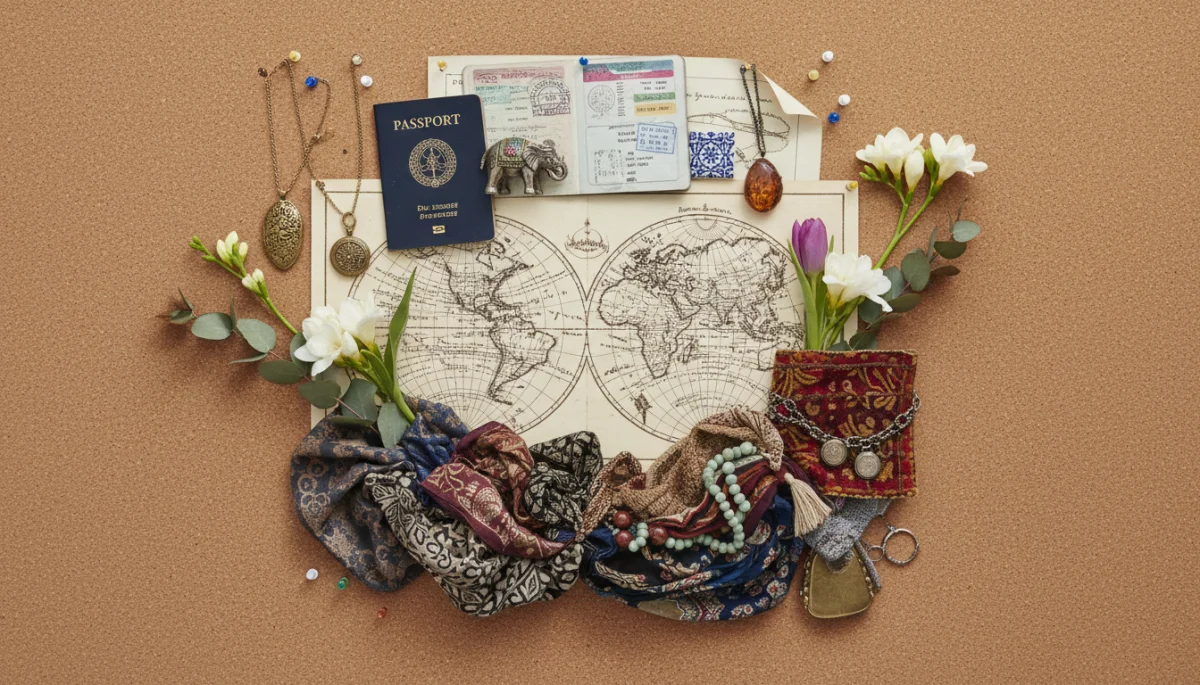 Eclectic Explorer style collage with maps, textures, and travel mementos.