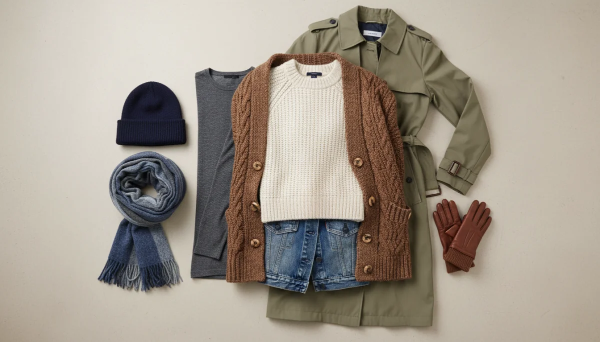 Collection of essential winter layering clothing items displayed on a flat surface